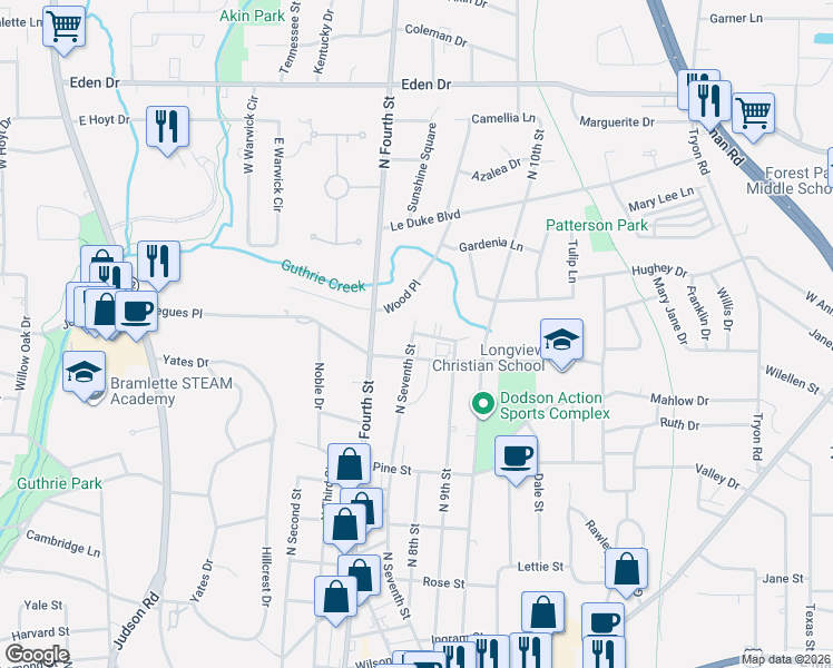 map of restaurants, bars, coffee shops, grocery stores, and more near 1600 North Seventh Street in Longview