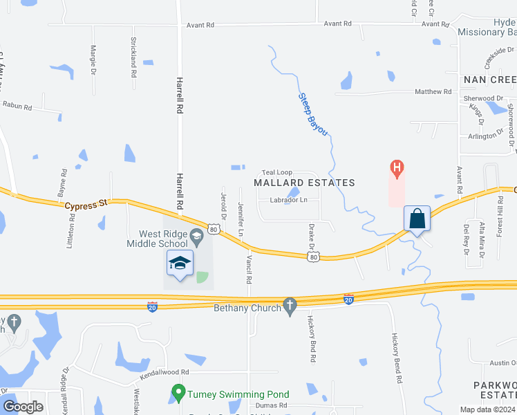 map of restaurants, bars, coffee shops, grocery stores, and more near 130 Teal Loop in West Monroe
