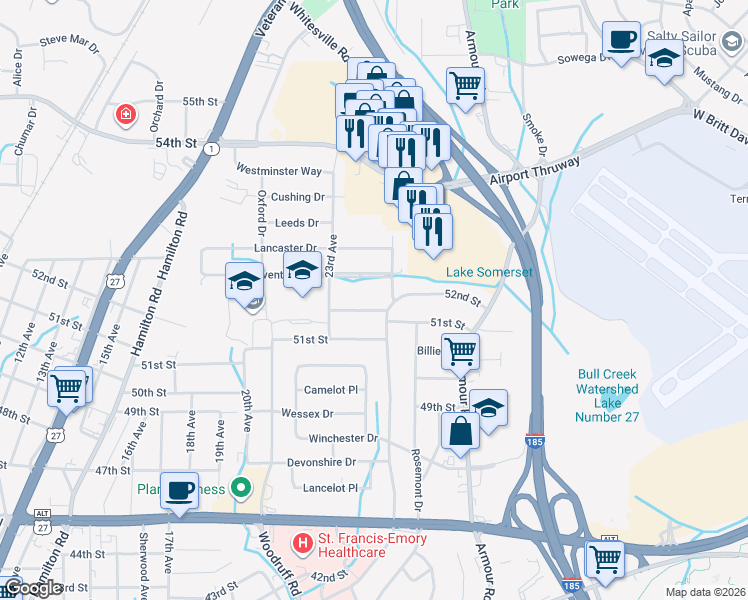 map of restaurants, bars, coffee shops, grocery stores, and more near 5225 Saint Francis Avenue in Columbus