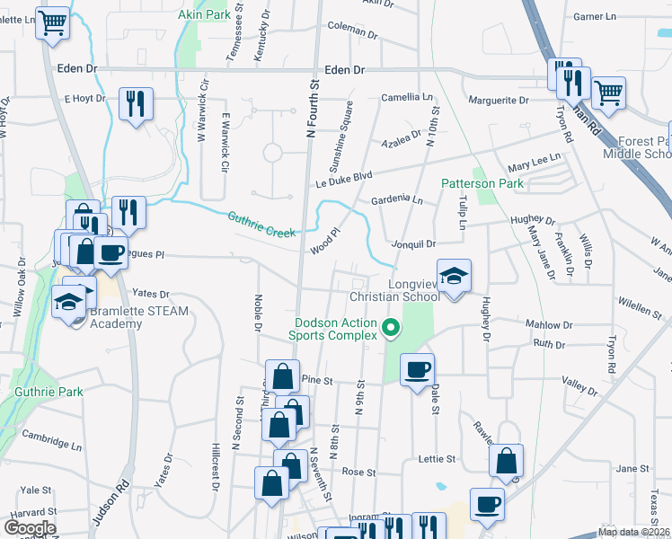 map of restaurants, bars, coffee shops, grocery stores, and more near 1099 Lilac Drive in Longview