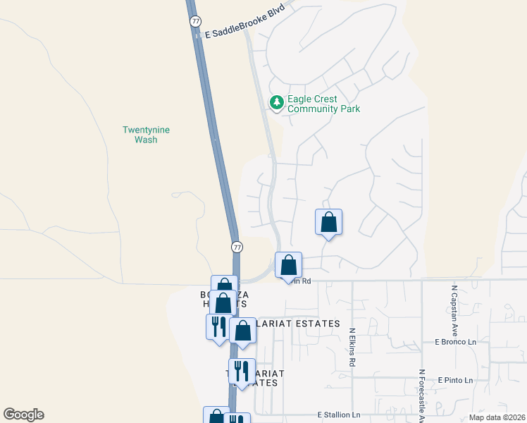 map of restaurants, bars, coffee shops, grocery stores, and more near 39799 Buena Vista Drive in Tucson