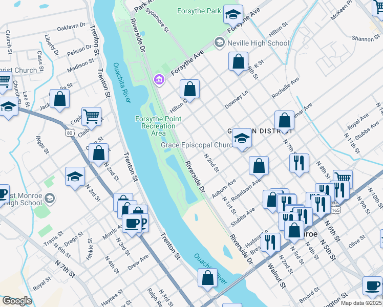 map of restaurants, bars, coffee shops, grocery stores, and more near 111 Rochelle Avenue in Monroe