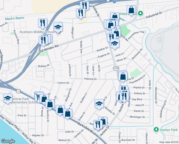 map of restaurants, bars, coffee shops, grocery stores, and more near 1615 Dudley Lane in Bossier City