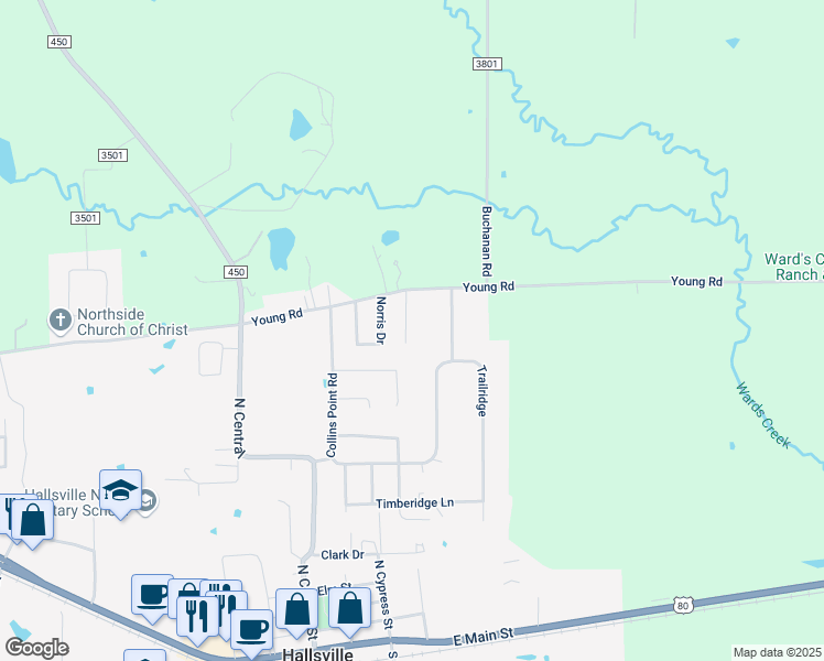 map of restaurants, bars, coffee shops, grocery stores, and more near Kearley Drive in Hallsville