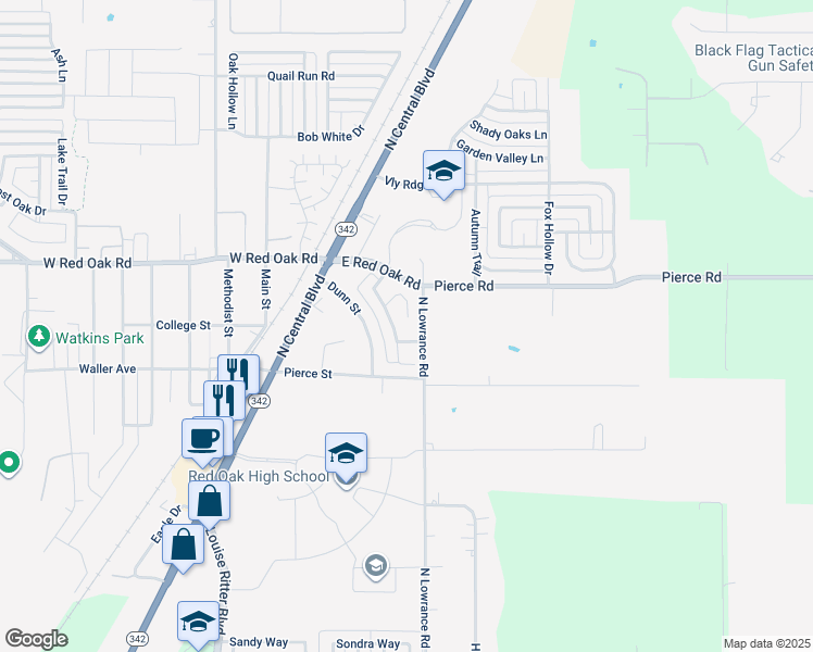 map of restaurants, bars, coffee shops, grocery stores, and more near 127 Evening Star Circle in Red Oak