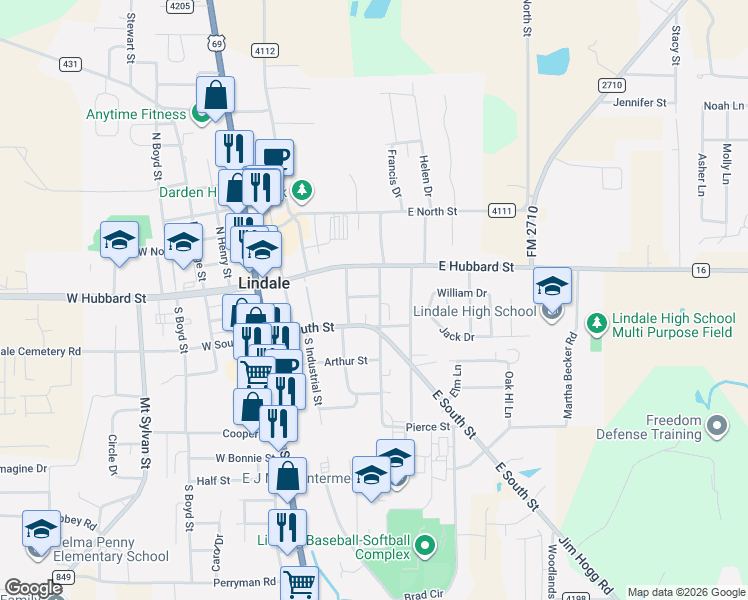 map of restaurants, bars, coffee shops, grocery stores, and more near 108 South Baker Street in Lindale