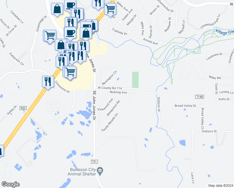 map of restaurants, bars, coffee shops, grocery stores, and more near 421 Nutmeg Avenue in Burleson