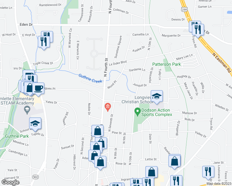 map of restaurants, bars, coffee shops, grocery stores, and more near 1698 North Seventh Street in Longview