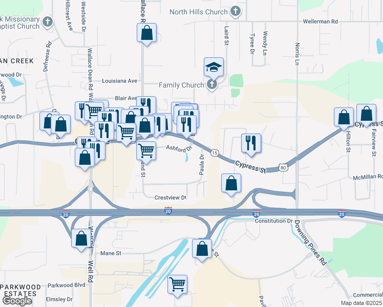 map of restaurants, bars, coffee shops, grocery stores, and more near 107 Ashford Drive in West Monroe