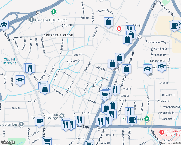map of restaurants, bars, coffee shops, grocery stores, and more near 5113 11th Avenue in Columbus