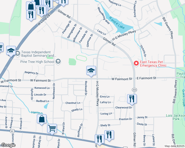 map of restaurants, bars, coffee shops, grocery stores, and more near 805 Pinegrove Lane in Longview