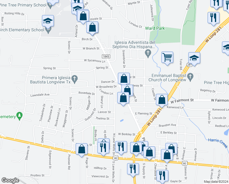 map of restaurants, bars, coffee shops, grocery stores, and more near 901 London Lane in Longview