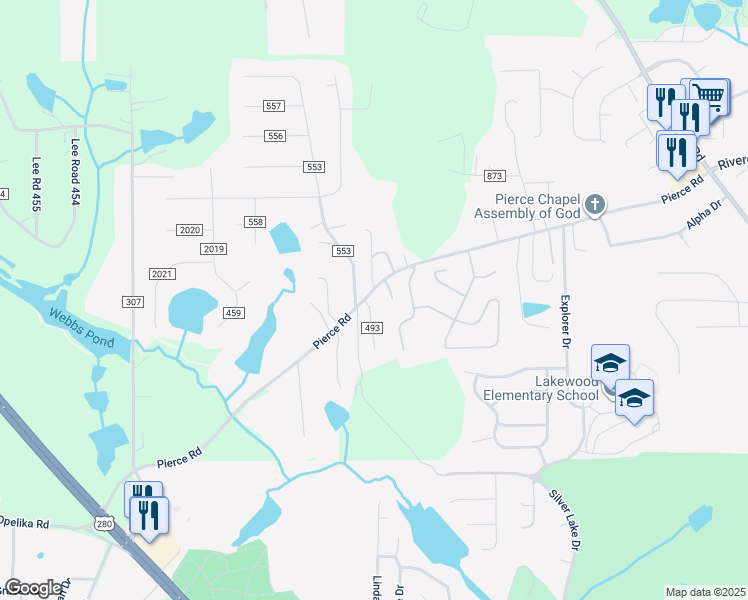 map of restaurants, bars, coffee shops, grocery stores, and more near 5112 Pierce Point Drive in Phenix City