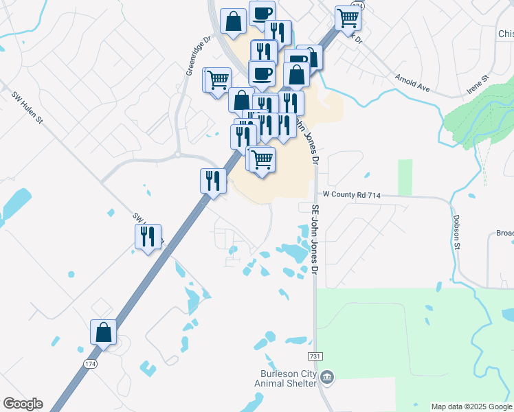 map of restaurants, bars, coffee shops, grocery stores, and more near 1591 Southwest Wilshire Boulevard in Burleson