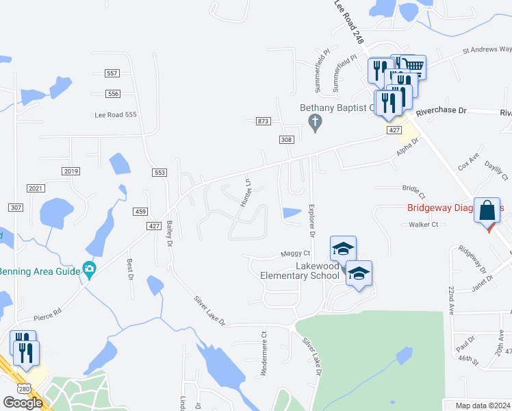 map of restaurants, bars, coffee shops, grocery stores, and more near 3206 Thornberry Circle in Phenix City