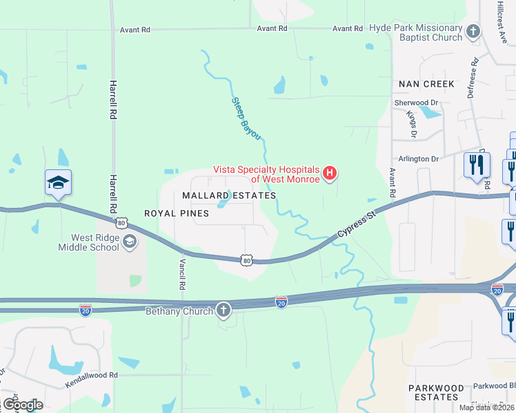 map of restaurants, bars, coffee shops, grocery stores, and more near 601 Teal Circle in West Monroe
