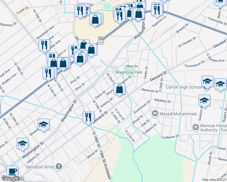 map of restaurants, bars, coffee shops, grocery stores, and more near 2206 Short Washington Street in Monroe