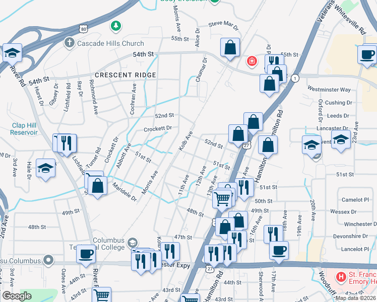 map of restaurants, bars, coffee shops, grocery stores, and more near 5113 11th Avenue in Columbus