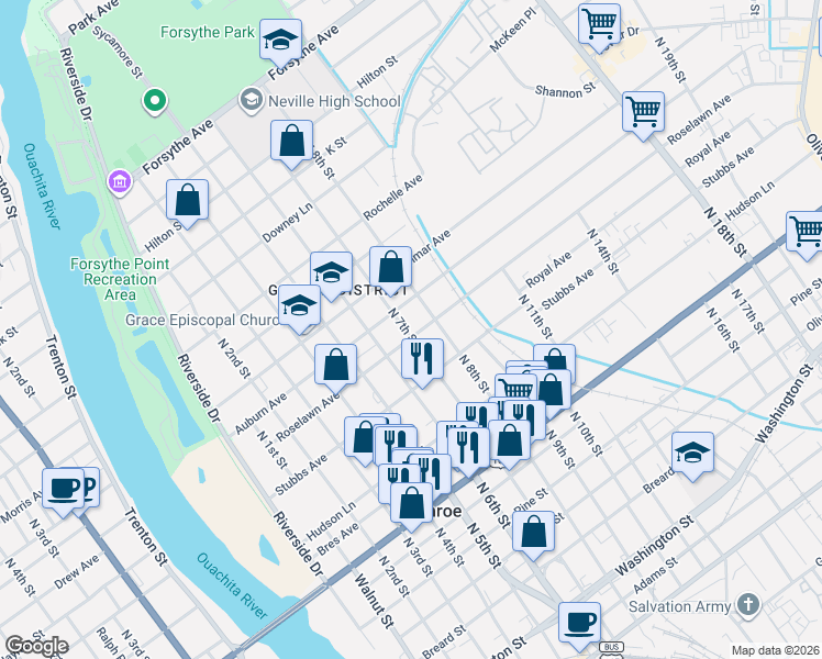 map of restaurants, bars, coffee shops, grocery stores, and more near 707 Roselawn Avenue in Monroe