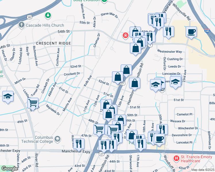 map of restaurants, bars, coffee shops, grocery stores, and more near 5204 13th Avenue in Columbus