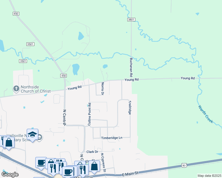 map of restaurants, bars, coffee shops, grocery stores, and more near Kearley Drive in Hallsville