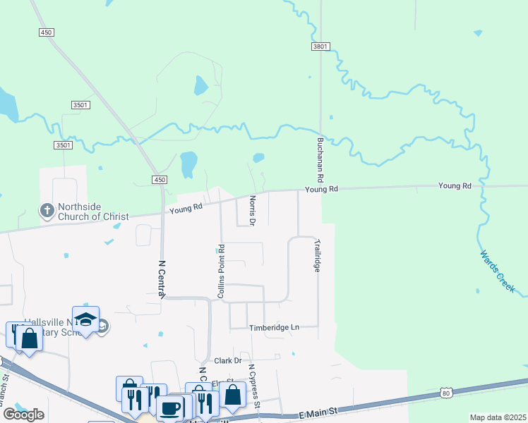 map of restaurants, bars, coffee shops, grocery stores, and more near Kearley Drive in Hallsville