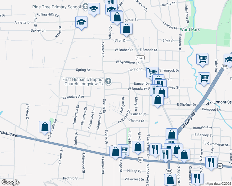 map of restaurants, bars, coffee shops, grocery stores, and more near 506 West Broadway Drive in Longview