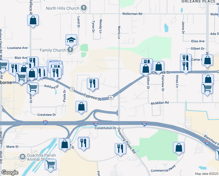 map of restaurants, bars, coffee shops, grocery stores, and more near 121 Westridge Drive in West Monroe