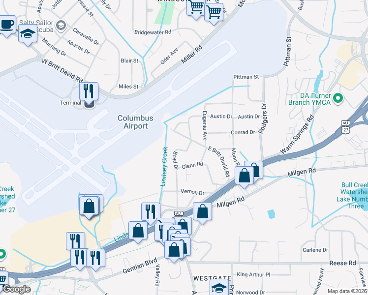 map of restaurants, bars, coffee shops, grocery stores, and more near 5287 Boyd Drive in Columbus