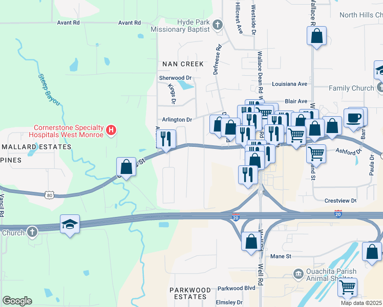map of restaurants, bars, coffee shops, grocery stores, and more near 103 Forest Hill Rd in West Monroe
