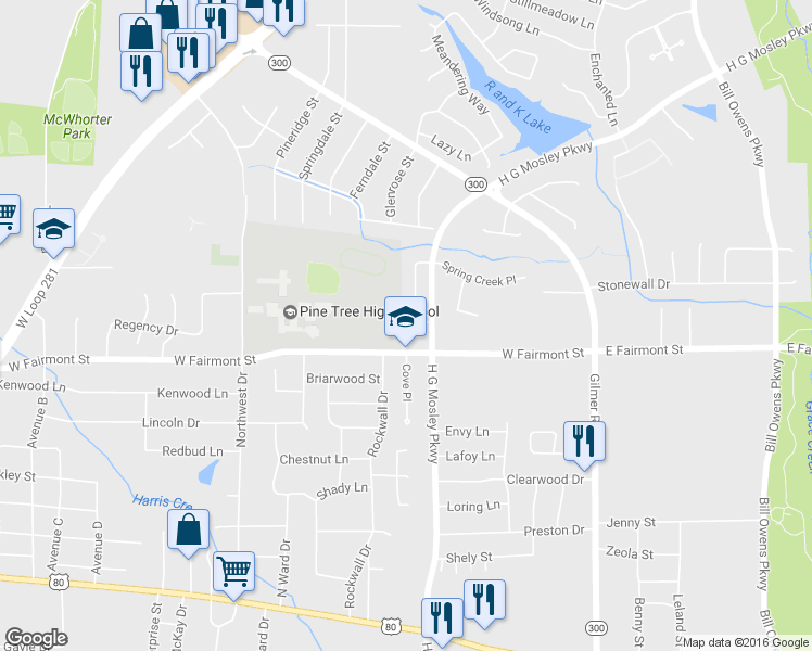 map of restaurants, bars, coffee shops, grocery stores, and more near 805 Pinegrove Lane in Longview