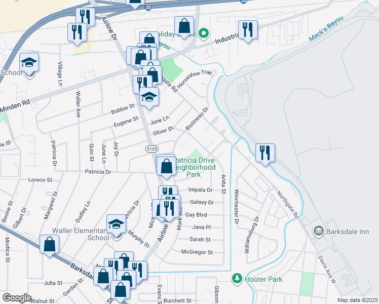 map of restaurants, bars, coffee shops, grocery stores, and more near 3110 Donald Drive in Bossier City