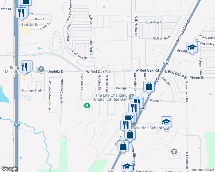 map of restaurants, bars, coffee shops, grocery stores, and more near 200n North Hillside Street in Red Oak