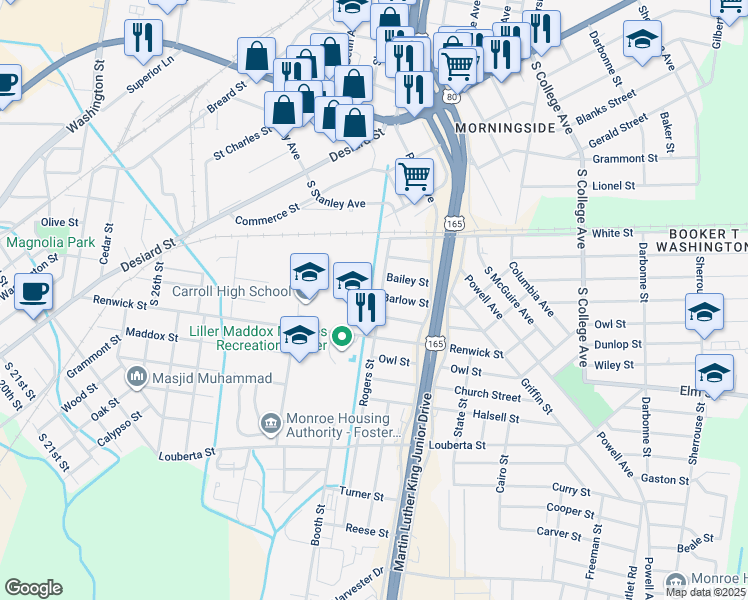 map of restaurants, bars, coffee shops, grocery stores, and more near 1000 Rogers St in Monroe