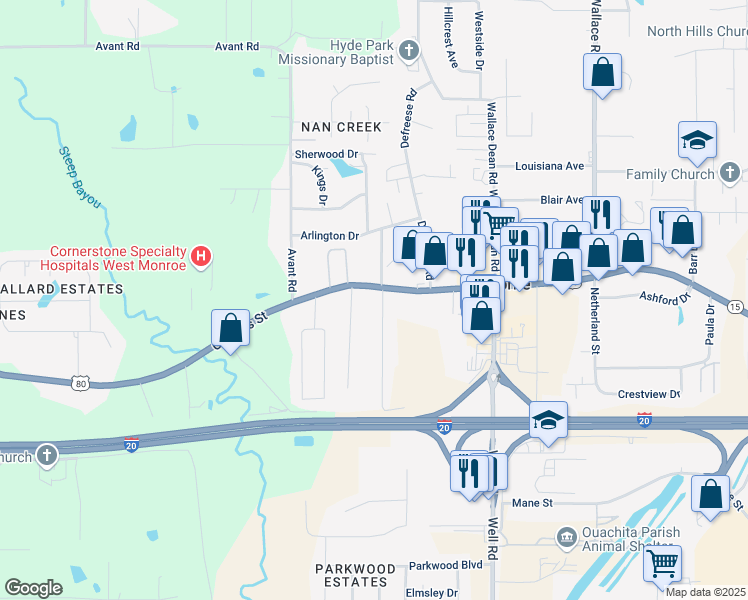map of restaurants, bars, coffee shops, grocery stores, and more near 103 Forest Hill Rd in West Monroe