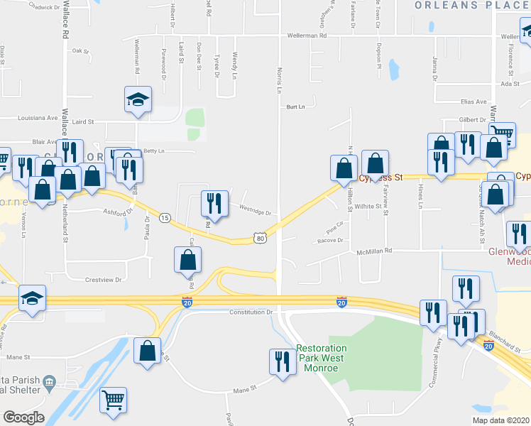 map of restaurants, bars, coffee shops, grocery stores, and more near 113 Westridge Drive in West Monroe
