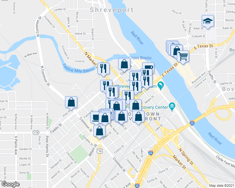 map of restaurants, bars, coffee shops, grocery stores, and more near 308 Market Street in Shreveport