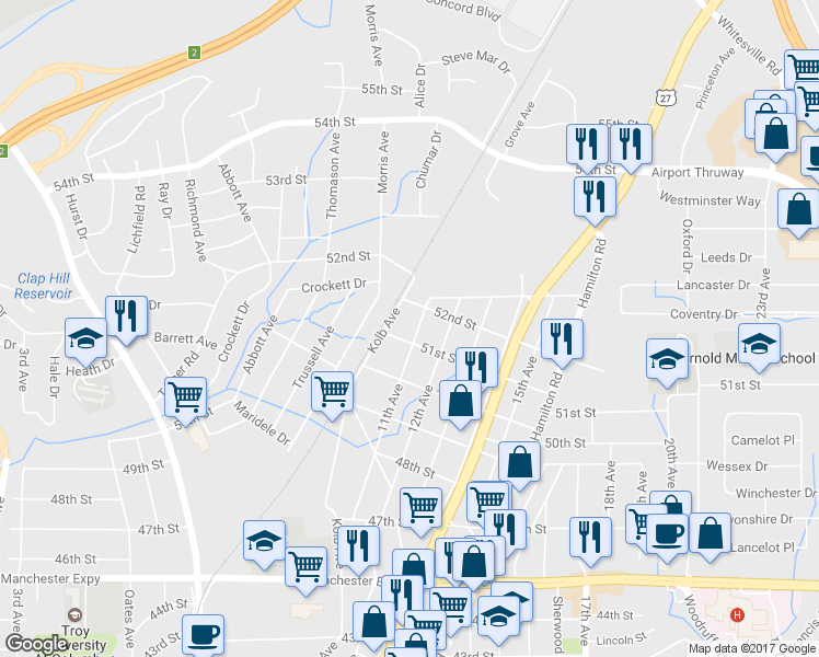 map of restaurants, bars, coffee shops, grocery stores, and more near 5113 11th Avenue in Columbus