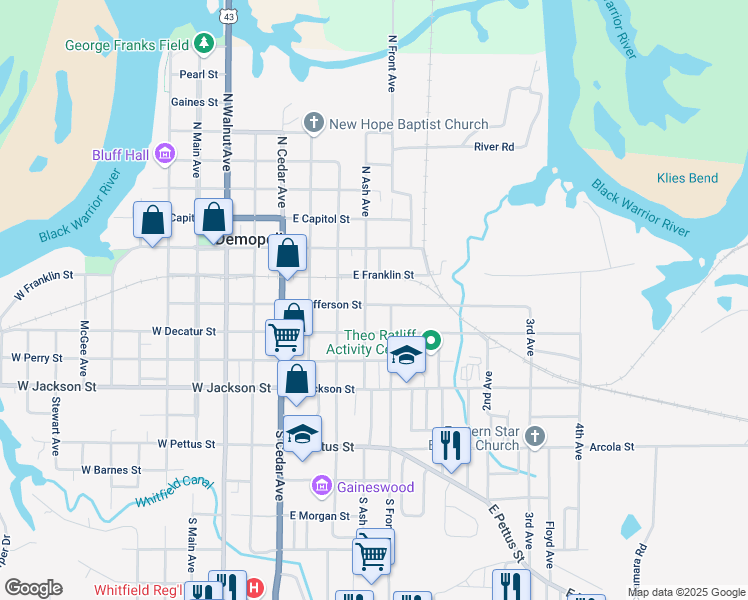 map of restaurants, bars, coffee shops, grocery stores, and more near 119 South Ash Avenue in Demopolis