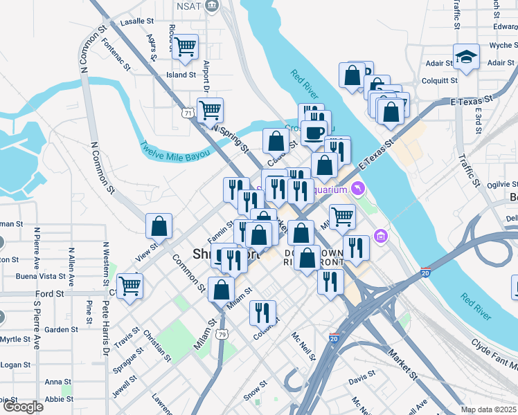 map of restaurants, bars, coffee shops, grocery stores, and more near 308 Market Street in Shreveport