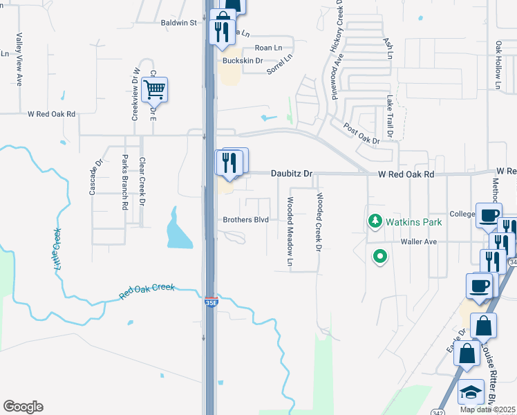 map of restaurants, bars, coffee shops, grocery stores, and more near 200 Brothers Boulevard in Red Oak