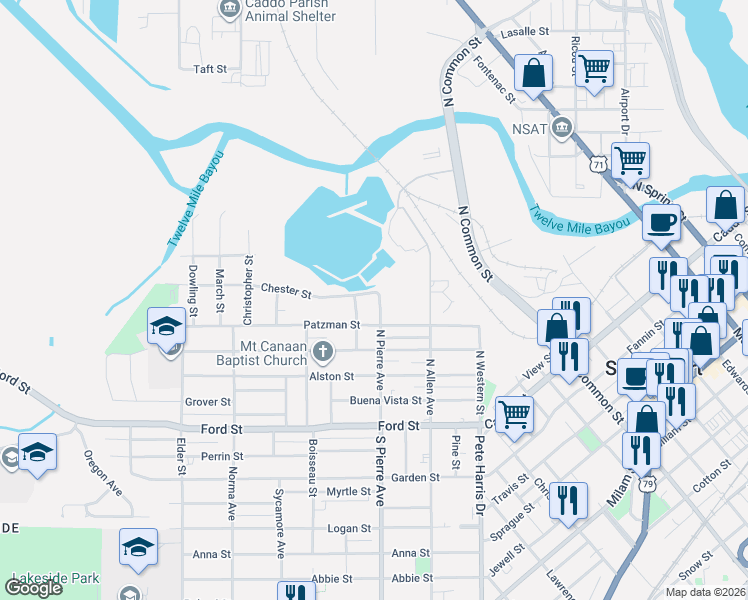 map of restaurants, bars, coffee shops, grocery stores, and more near 532 North Pierre Avenue in Shreveport