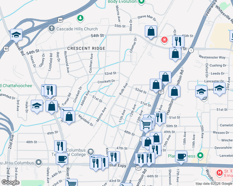 map of restaurants, bars, coffee shops, grocery stores, and more near 5148 Morris Ave in Columbus