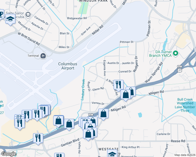 map of restaurants, bars, coffee shops, grocery stores, and more near 5287 Boyd Drive in Columbus