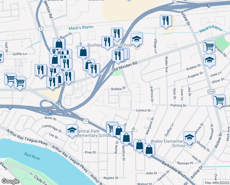 map of restaurants, bars, coffee shops, grocery stores, and more near 204 Royal St in Bossier City