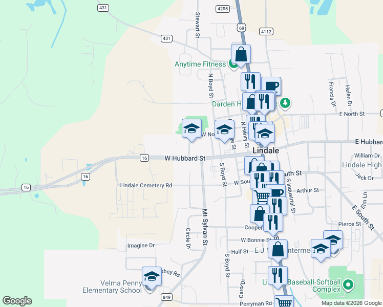 map of restaurants, bars, coffee shops, grocery stores, and more near 501 West Hubbard Street in Lindale