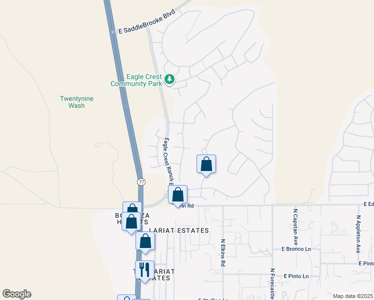 map of restaurants, bars, coffee shops, grocery stores, and more near 39755 South Old Arena Drive in Tucson