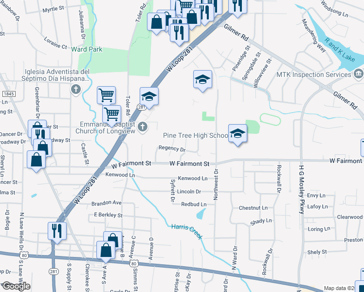 map of restaurants, bars, coffee shops, grocery stores, and more near 901 Kingsbury Court in Longview