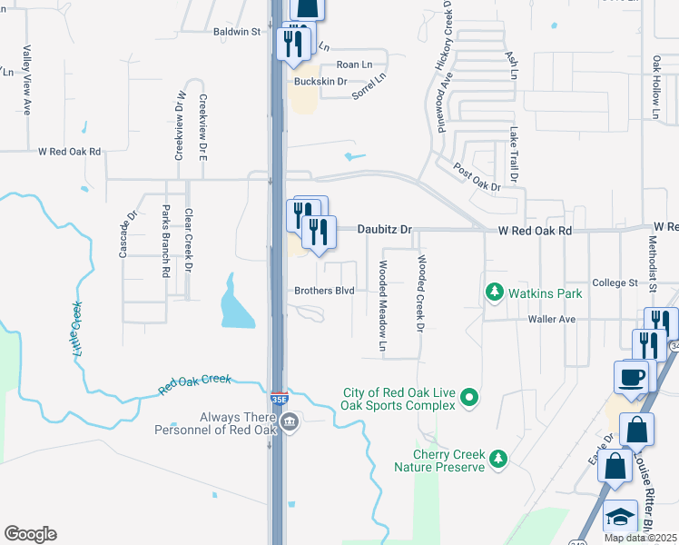 map of restaurants, bars, coffee shops, grocery stores, and more near 200 Brothers Boulevard in Red Oak