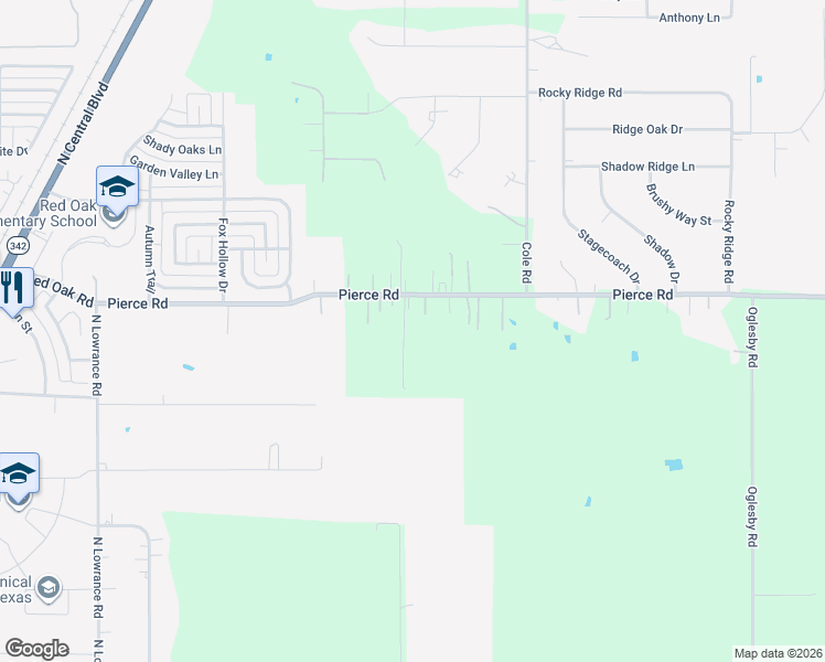 map of restaurants, bars, coffee shops, grocery stores, and more near 542 Pierce Road in Red Oak
